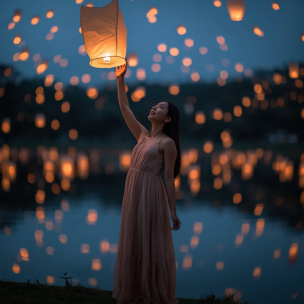 A Beautiful Girl with Floating Lanterns at Dusk, Full Body | trending prompt in instagram ai photo — AI image prompt