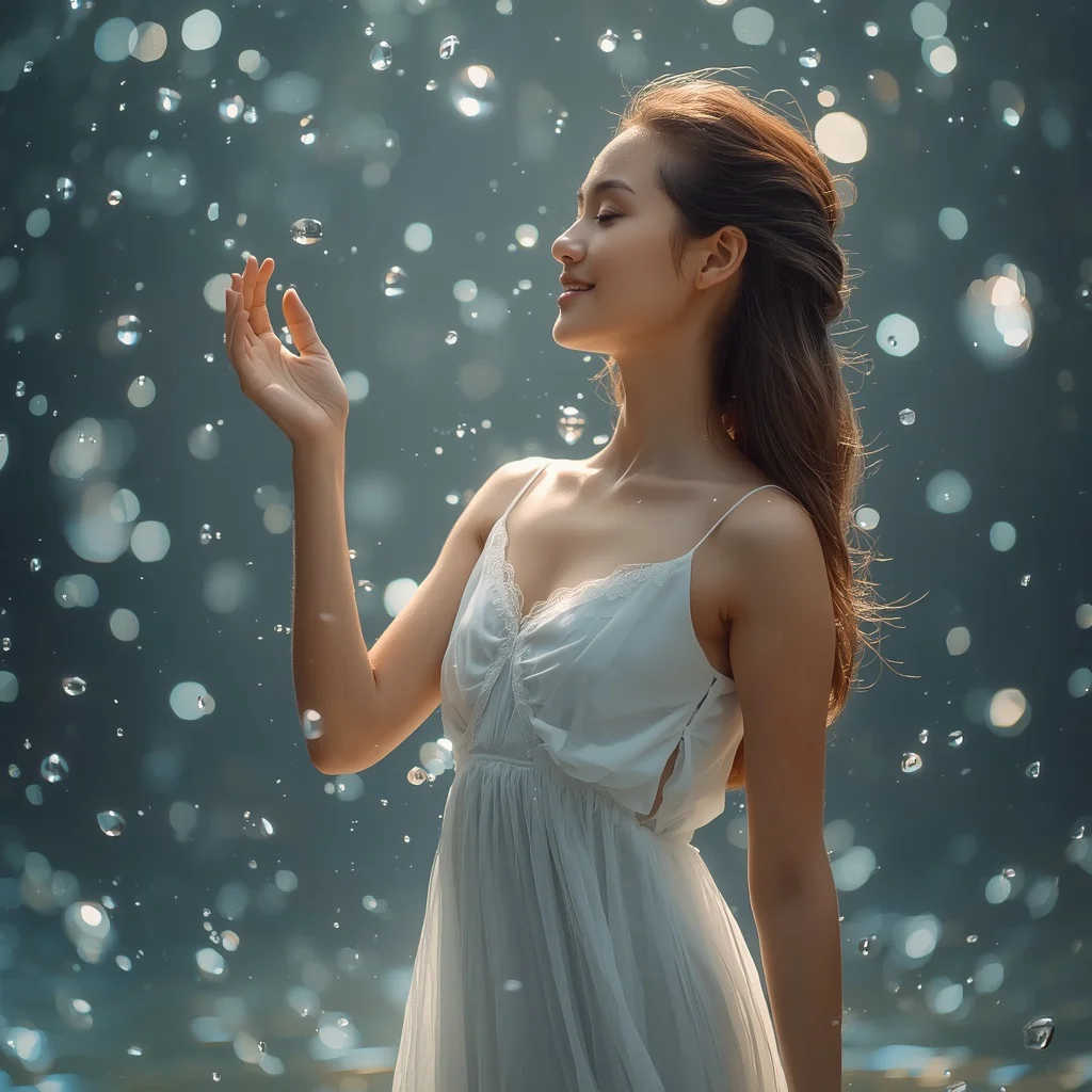 A Beautiful Girl with Floating Water Droplets, Full Body | ChatGPT photo editing prompts for girl — AI image prompt