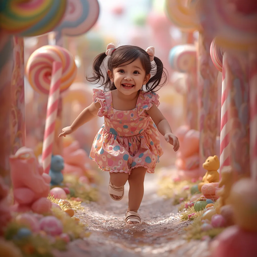 A Cute Girl in a Whimsical Candy Land Forest, Full Body | ai photo prompt for girls college — AI image prompt