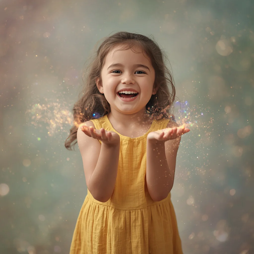 A Cute Girl Playing with Glowing Magical Dust, Full Body | Traditional prompt in english for wedding — AI image prompt