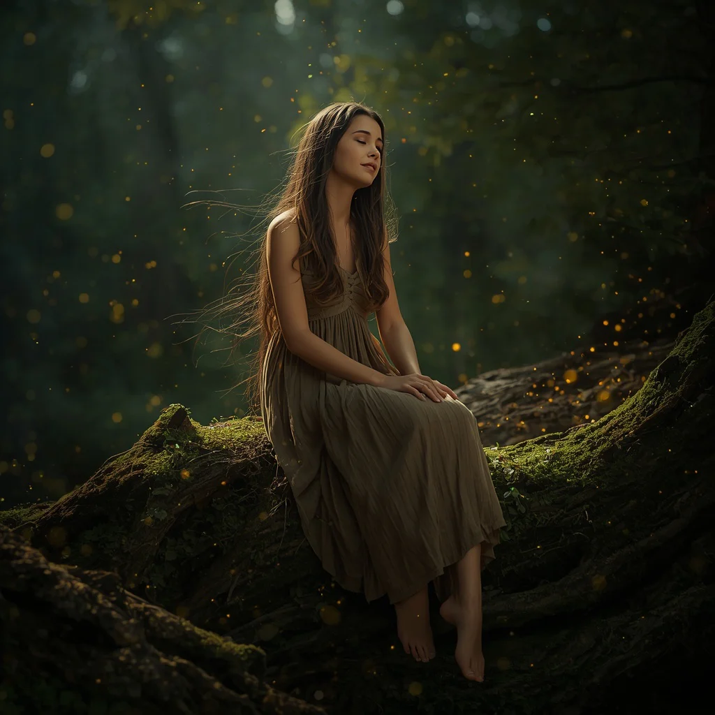 Beautiful Girl Enchanted Forest Luminous Fireflies Magical Dreamscape | chatgpt photo editing prompts text — AI image prompt