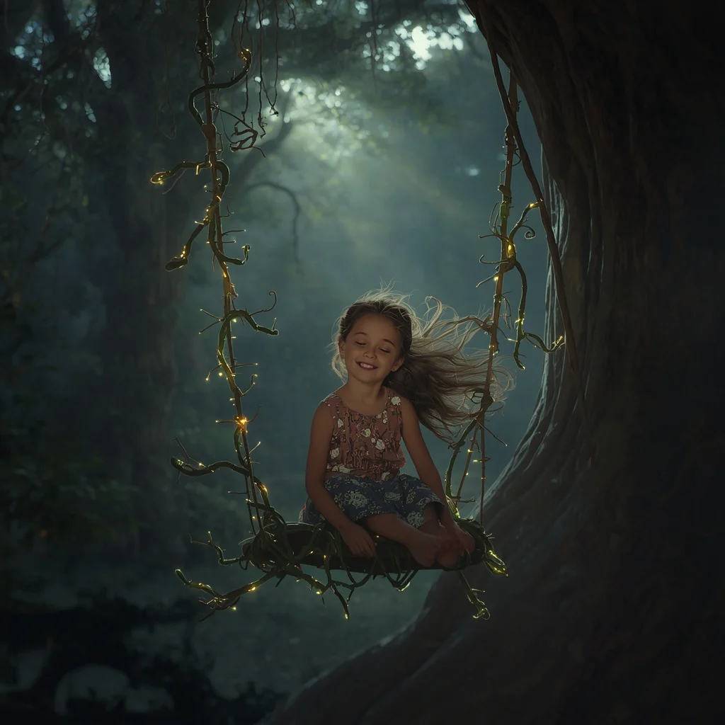 Beautiful Girl Enchanted Swing Glowing Vines Magical Forest | Prompt for look for girl Instagram — AI image prompt