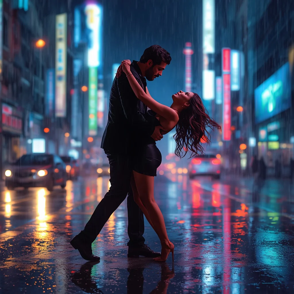 Couple Dynamic Dance Neon Cityscape Electric Romance | Best couple prompt ChatGPT — AI image prompt