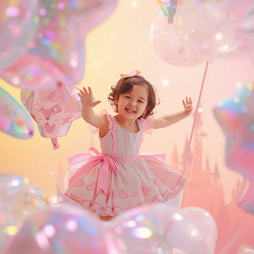 Cute Girl On A Carousel Of Floating Balloons Whimsical Fairytale | free prompt text — AI image prompt