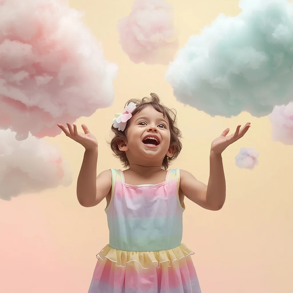 Cute Girl Playing With Living Pastel Clouds Whimsical Sky Realm | prompt for in english — AI image prompt