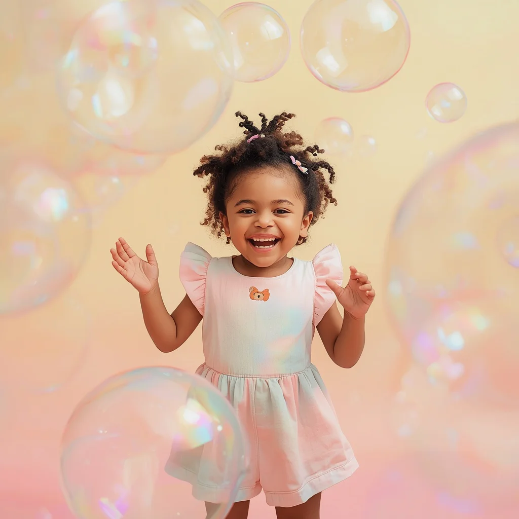 Cute Girl Surrounded By Floating Bubbles Whimsical Pastel Playland | traditional Prompt — AI image prompt