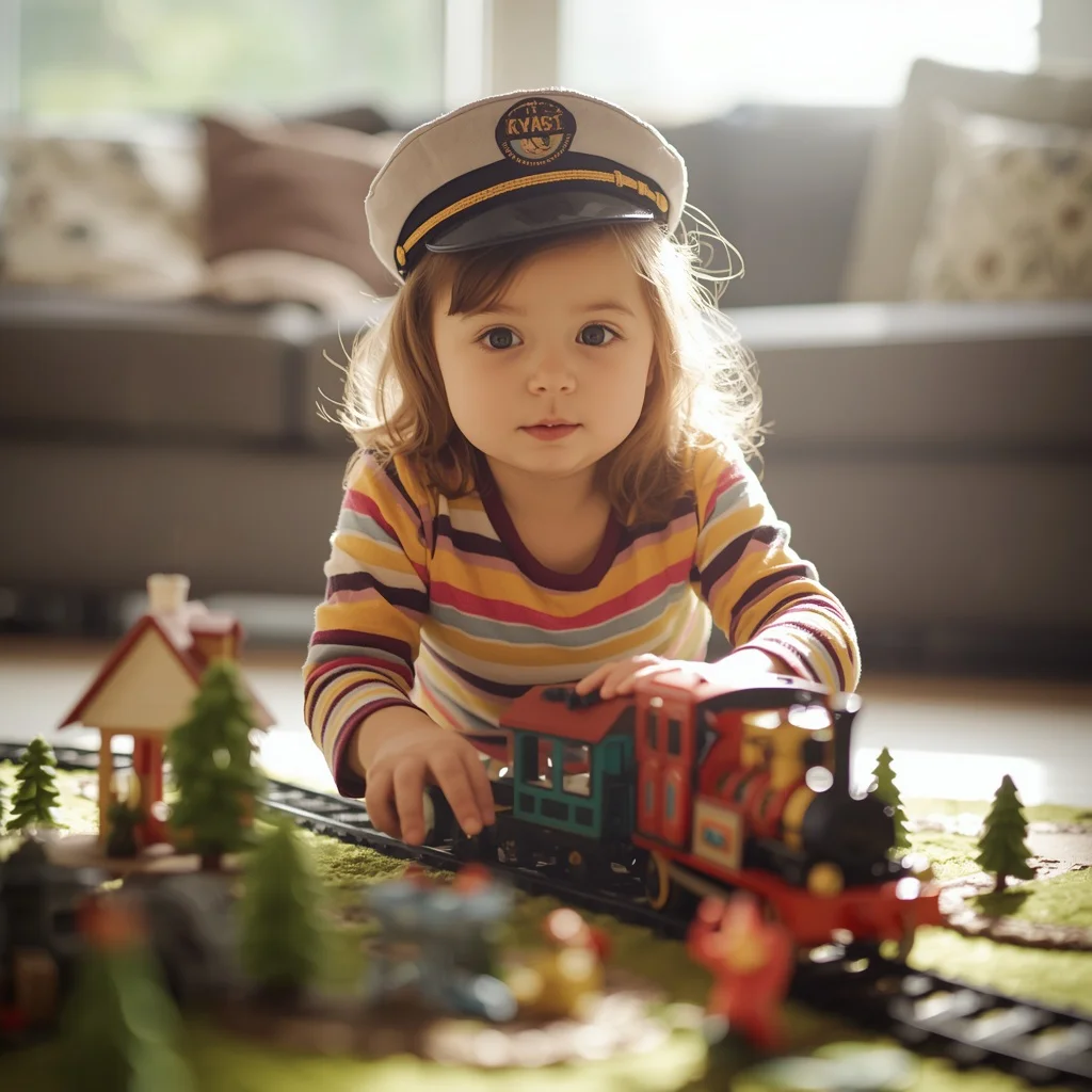 Cute Girl's Imaginative Journey on a Toy Train | prompt for girls college online — AI image prompt