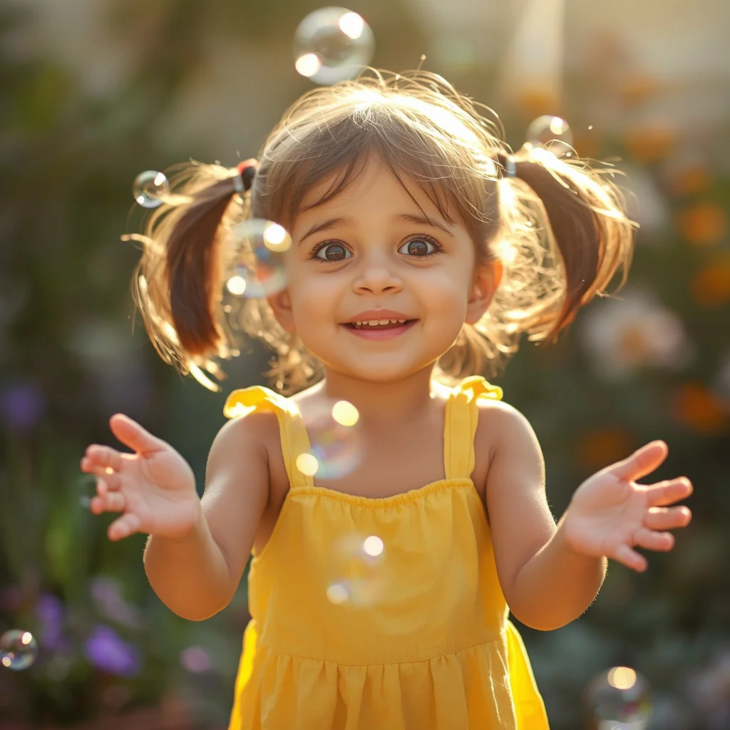 Cute Girl's Playful Interaction with Bubbles in Sunlight | traditional prompt for gemini ai girl copy and paste — AI image prompt