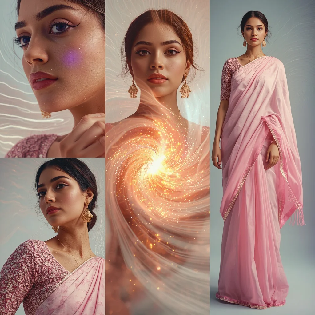 Festive Pastel Saree Ripple Vortex Magnetic Core Collage | Glow Motion Prompt | chatgpt photo editing prompts trending instagram for girl — AI image prompt