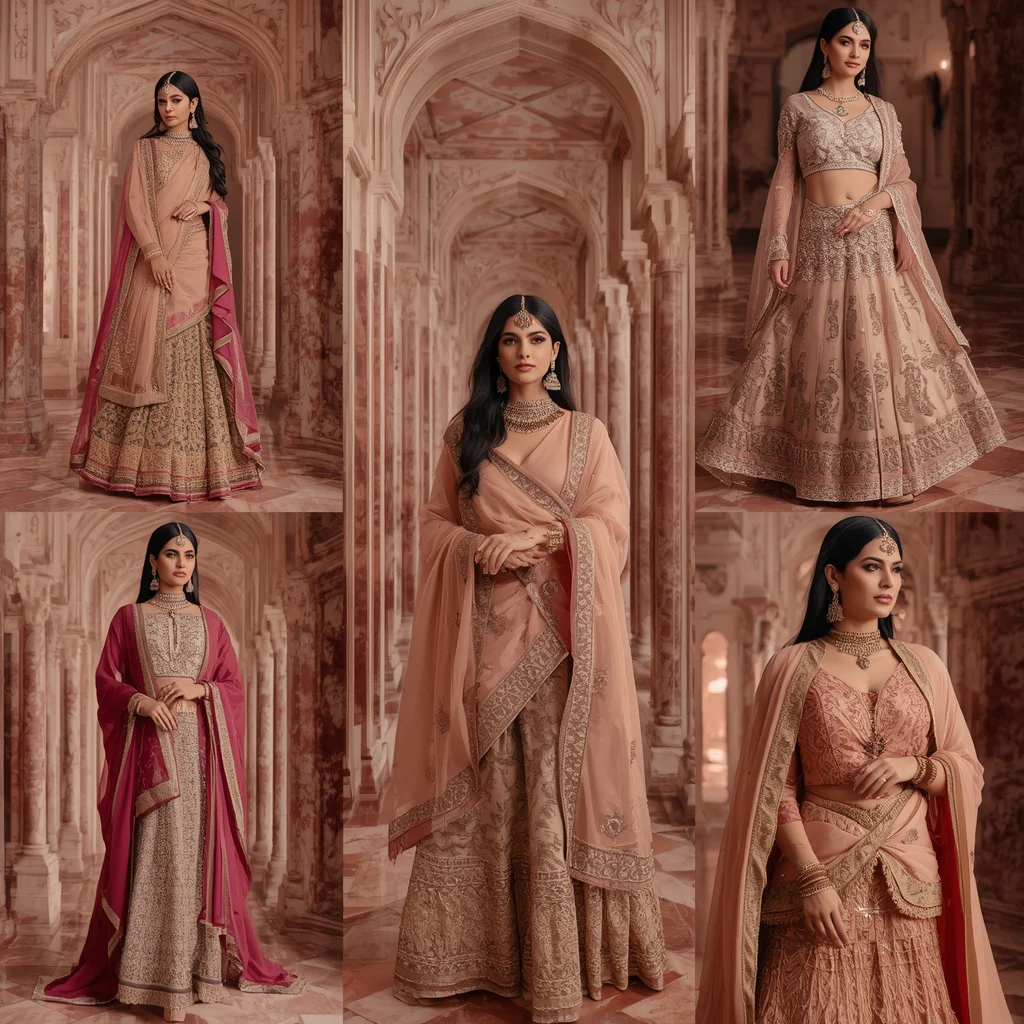 Imperial Rose Corridor Indian Dress Collage Image Prompt Festive Luxury Heritage | traditional saree prompt for instagram — AI image prompt
