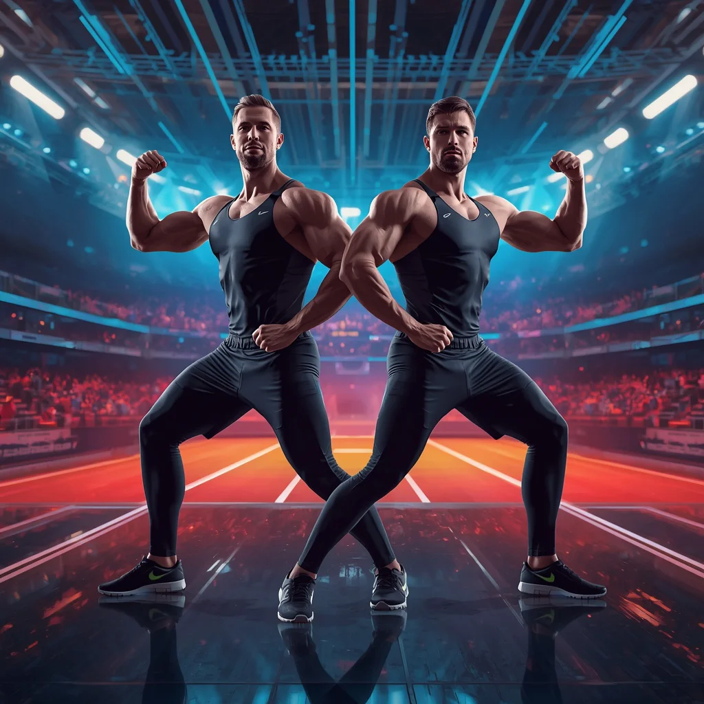 Men in Athletic Gear Against a Dynamic Digital Sports Arena | Gemini for men prompt instagram — AI image prompt