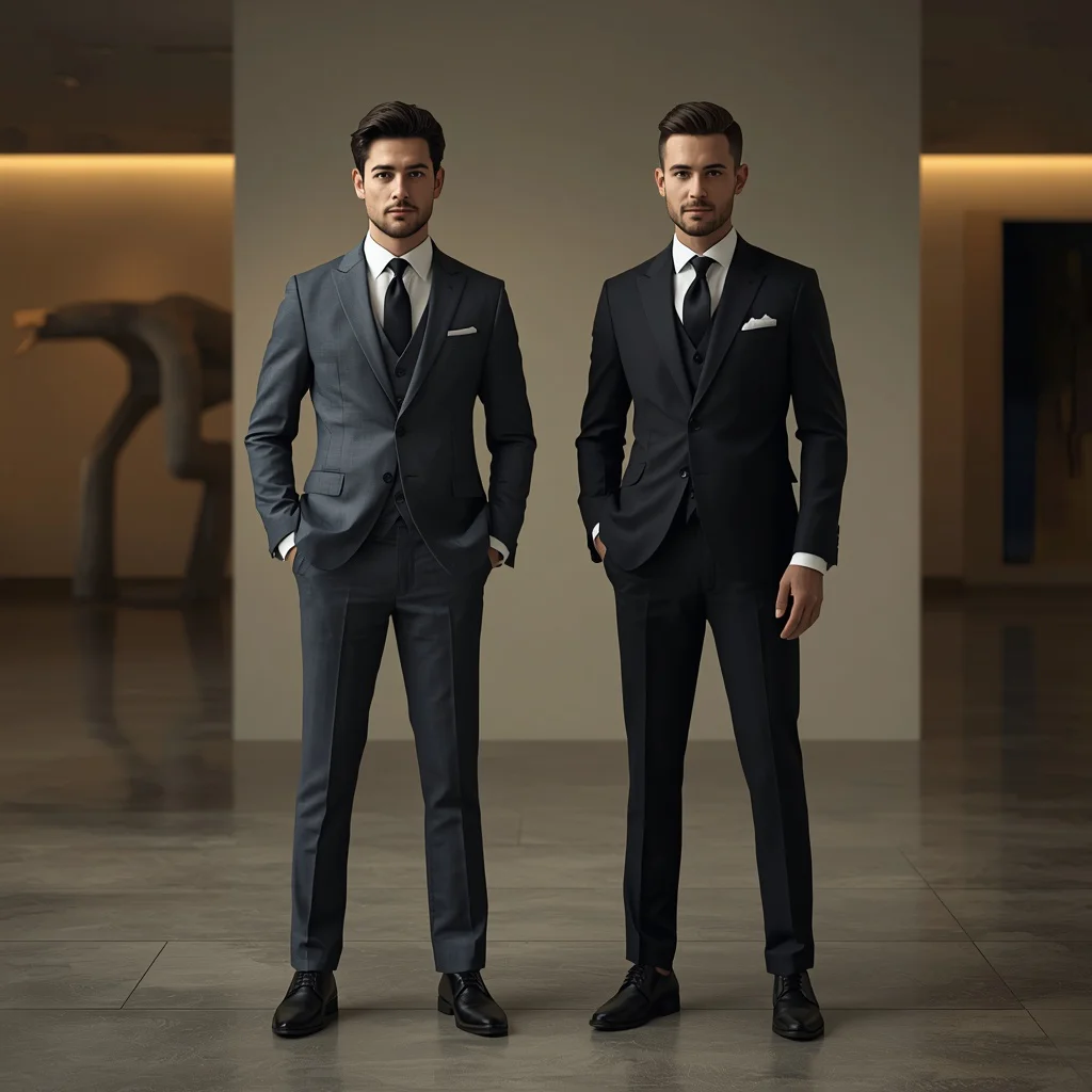 Men in Elegant Suits Against a Modern Abstract Art Gallery | boy photography ai prompt — AI image prompt
