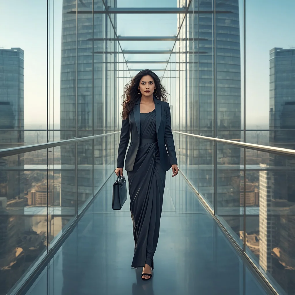 Office Corporate Indian Wear in a Transparent Skybridge Nexus | traditional saree prompt for girl instagram — AI image prompt