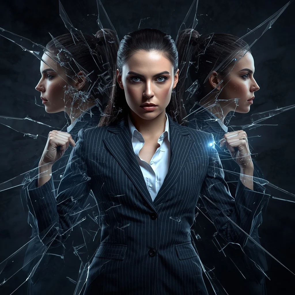 Powerful Woman in Corporate Attire with Dynamic Shattered Glass Effects | gemini ai prompt for instagram — AI image prompt
