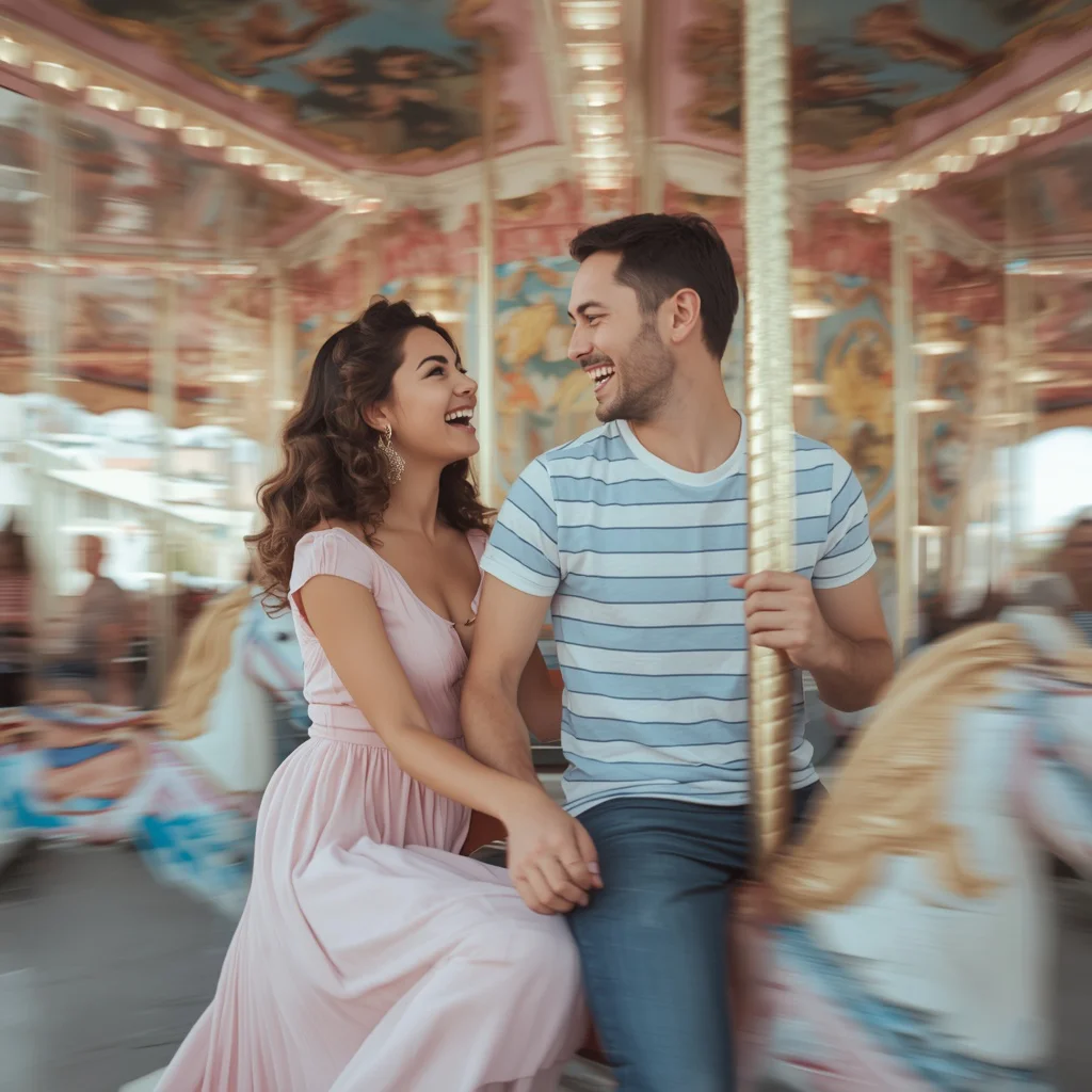 Romantic Couple's Playful Moment on a Pastel Carousel | Realistic couple photo prompt — AI image prompt