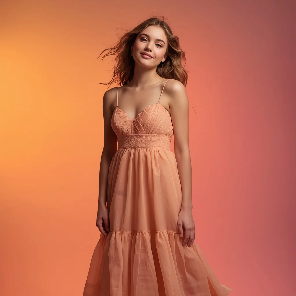 A Beautiful Peach Chiffon Dress Golden Hour Studio Portrait — AI image prompt