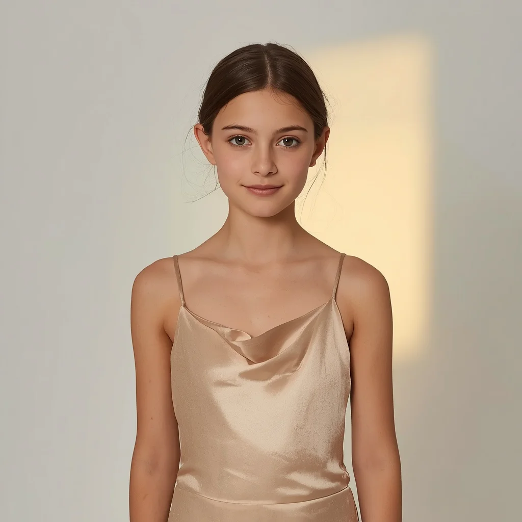 A Chic Silk Slip Gown Portrait of a Beautiful Young Girl — AI image prompt