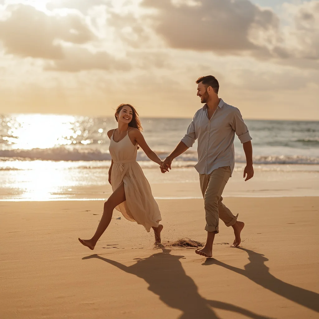 A Romantic Couple's Playful Moment on a Sandy Beach — AI image prompt