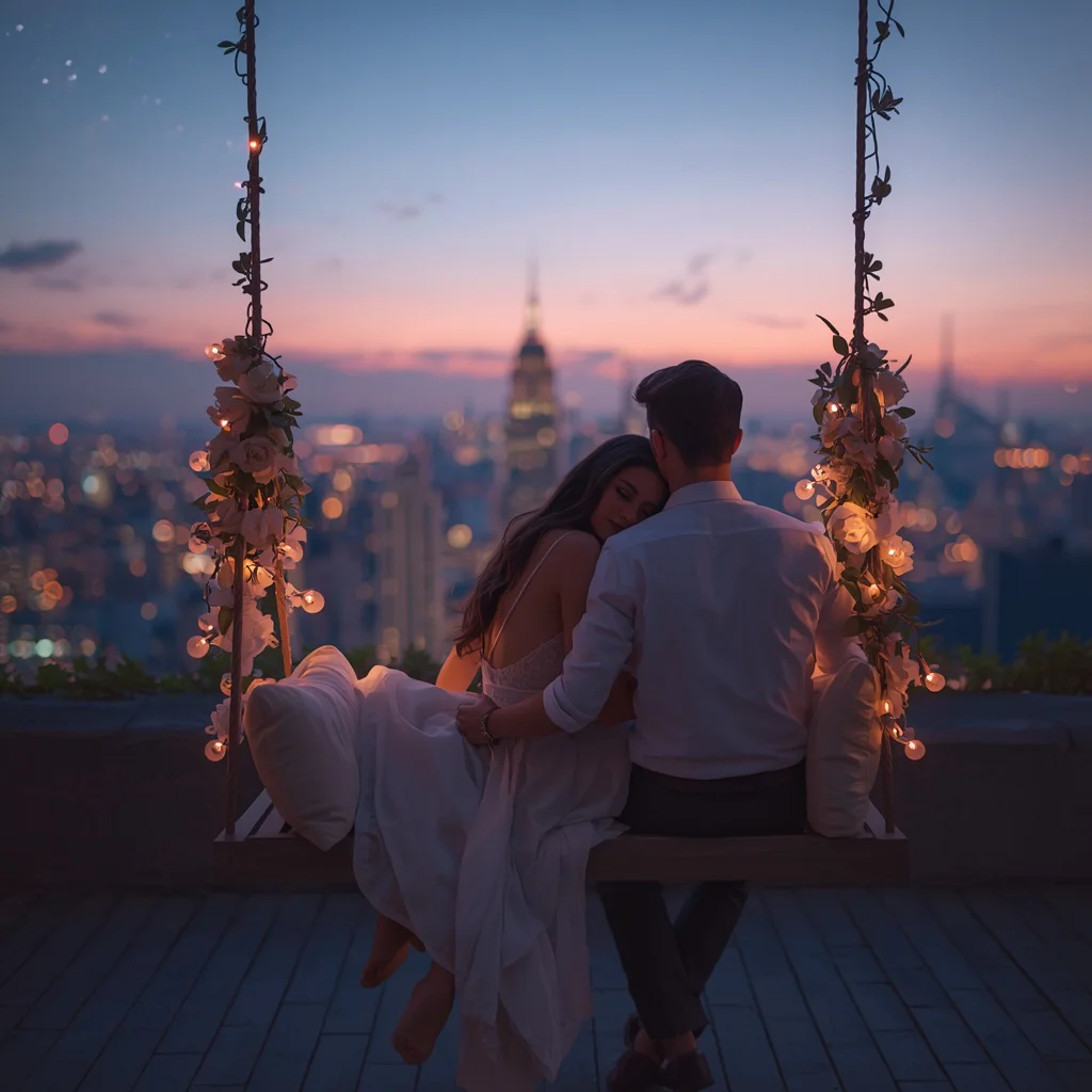 A Romantic Couple's Serene Moment on a Rooftop Swing — AI image prompt