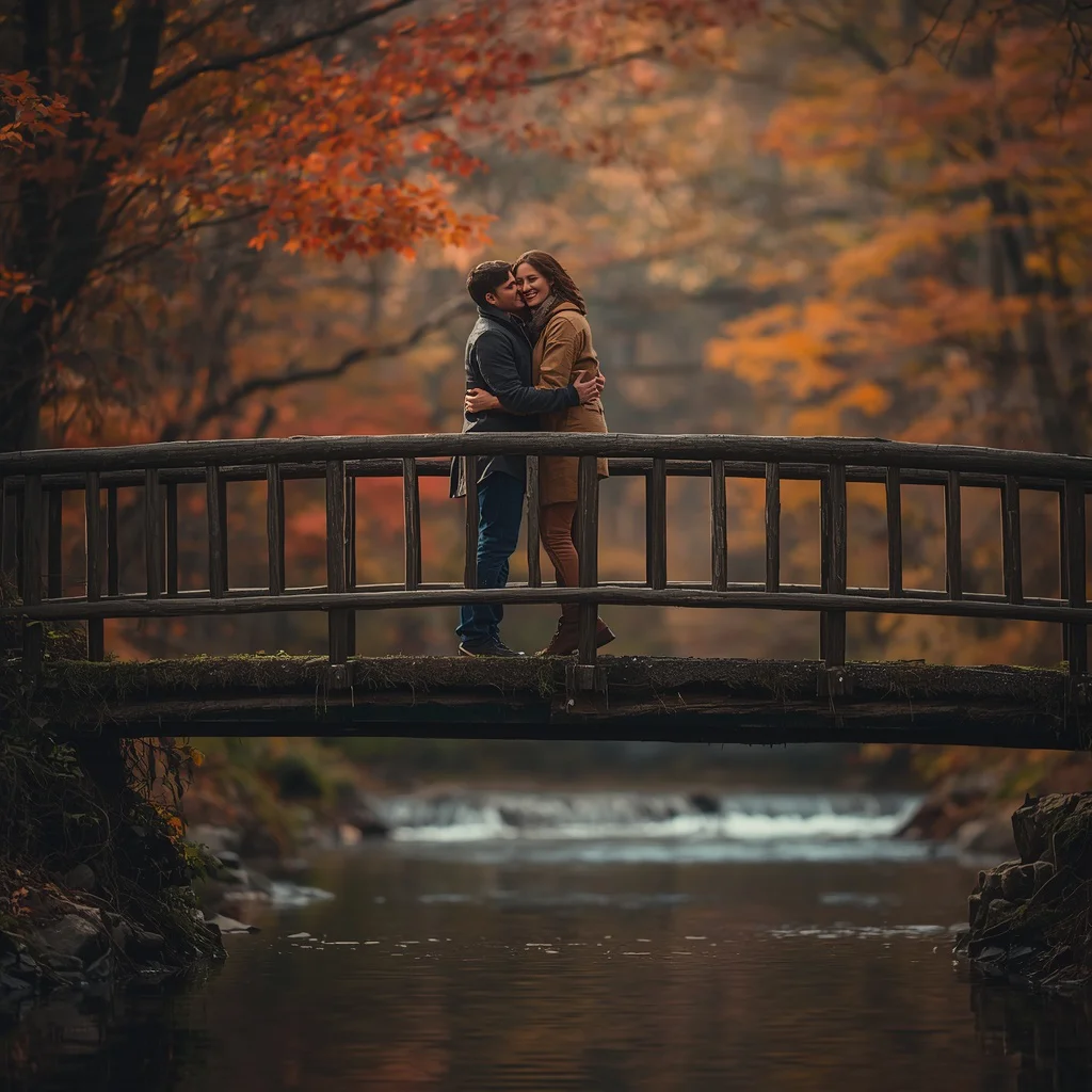 A Romantic Couple's Serene Moment on a Rustic Bridge — AI image prompt