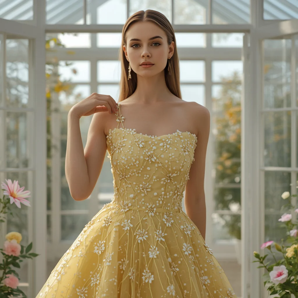 A Yellow Sequined Designer Dress in a Dreamy Glasshouse — AI image prompt