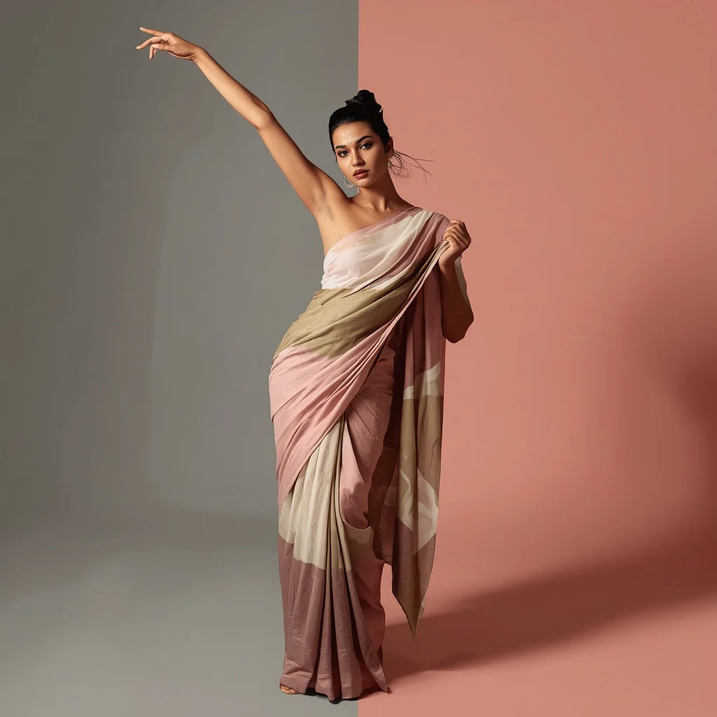 Artistic Indian Woman with Abstract Pose in a Unique Pastel Saree — AI image prompt