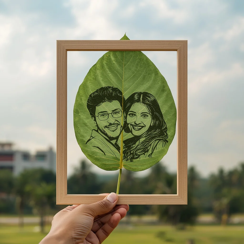 Artistic Peepal Leaf Frame Showcasing a Romantic Couple's Photo — AI image prompt