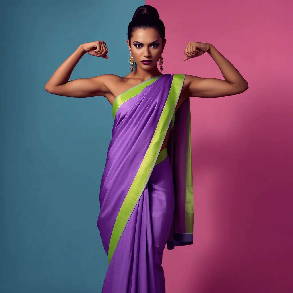 Bold Indian Woman with Arms Akimbo in a Vibrant Pastel Saree — AI image prompt