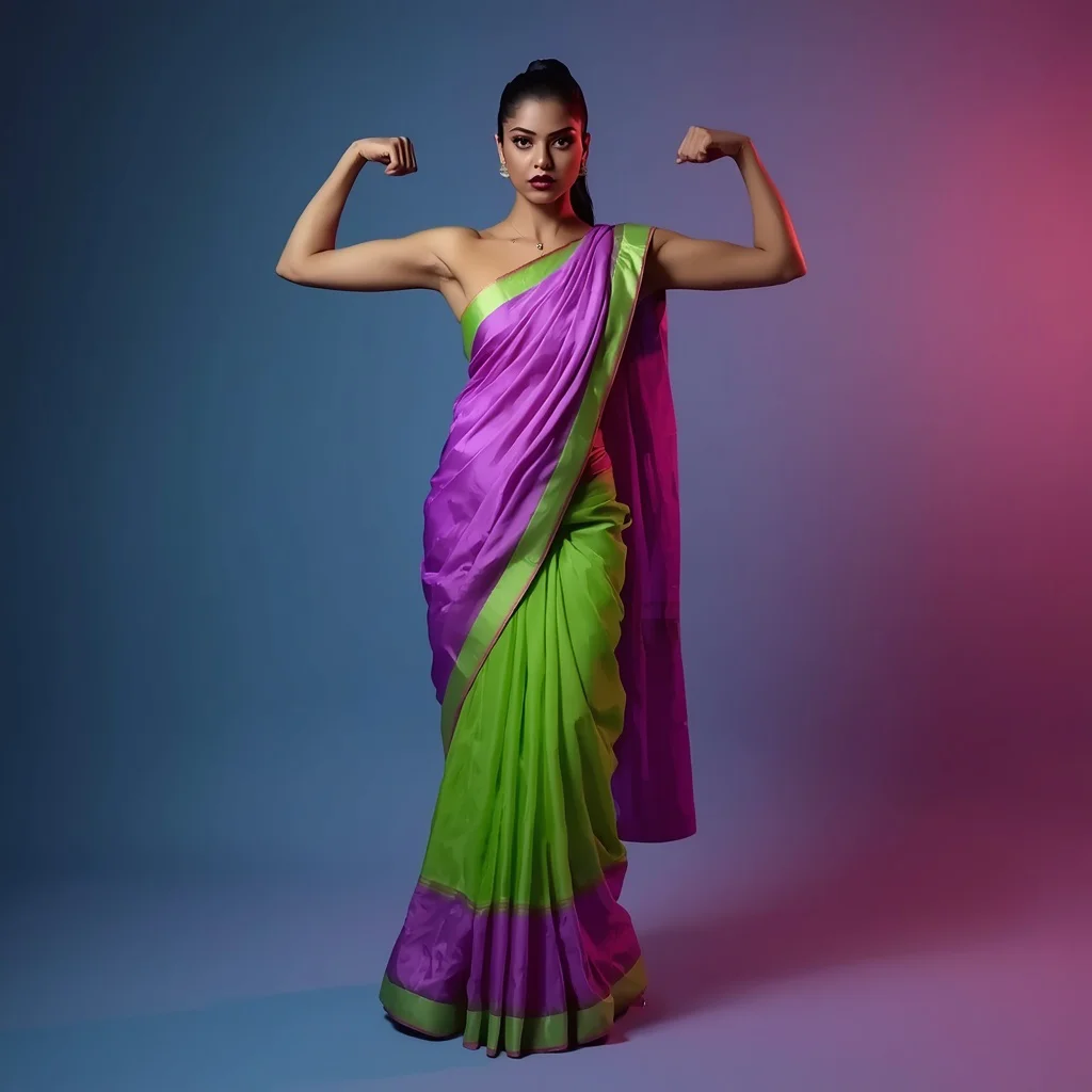 Bold Indian Woman with Arms Akimbo in a Vibrant Pastel Saree — AI image prompt