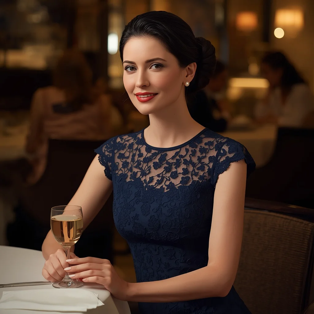 Chic and Elegant: A Navy Blue Lace Cocktail Dress — AI image prompt