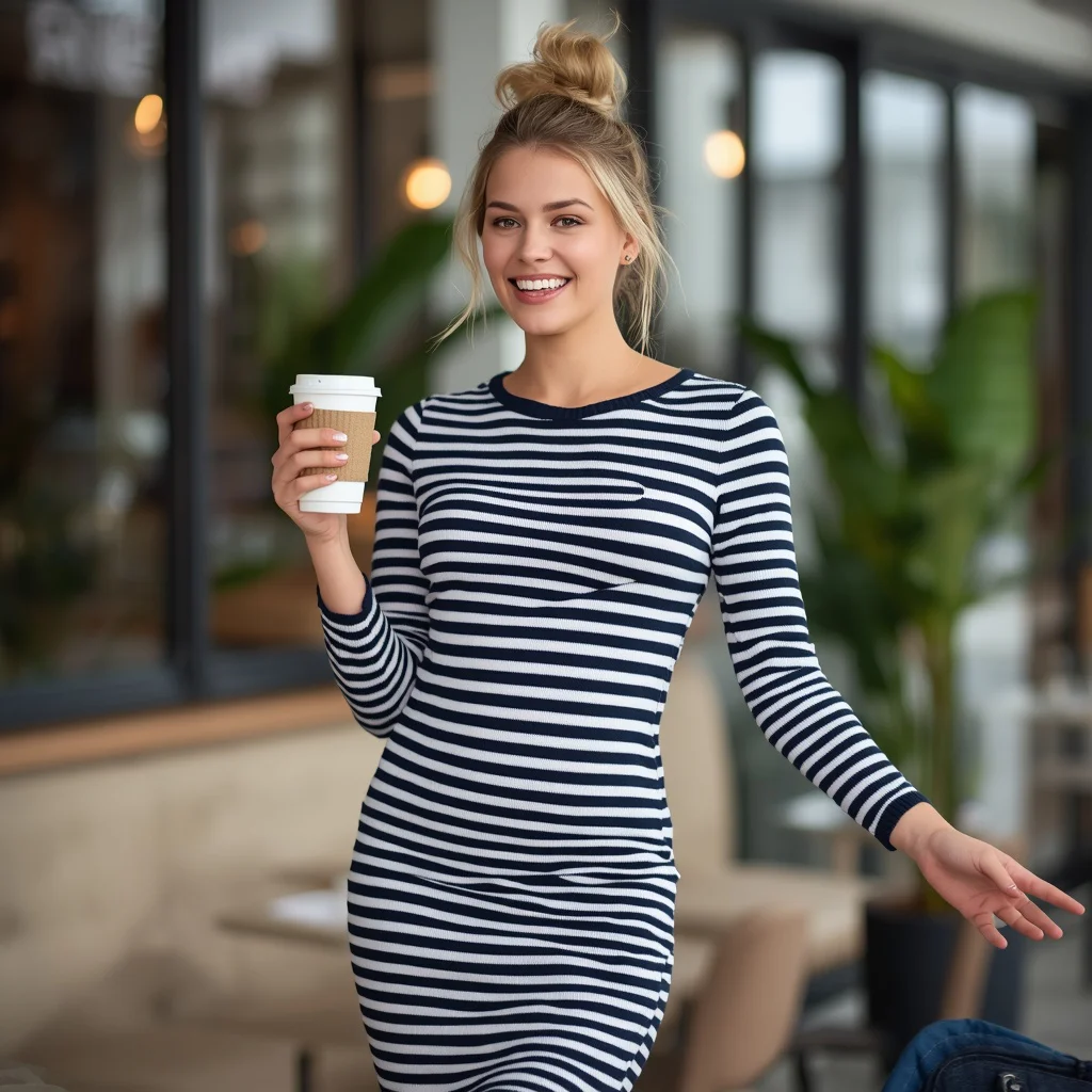 Chic and Playful in a Striped Knit Midi Dress — AI image prompt