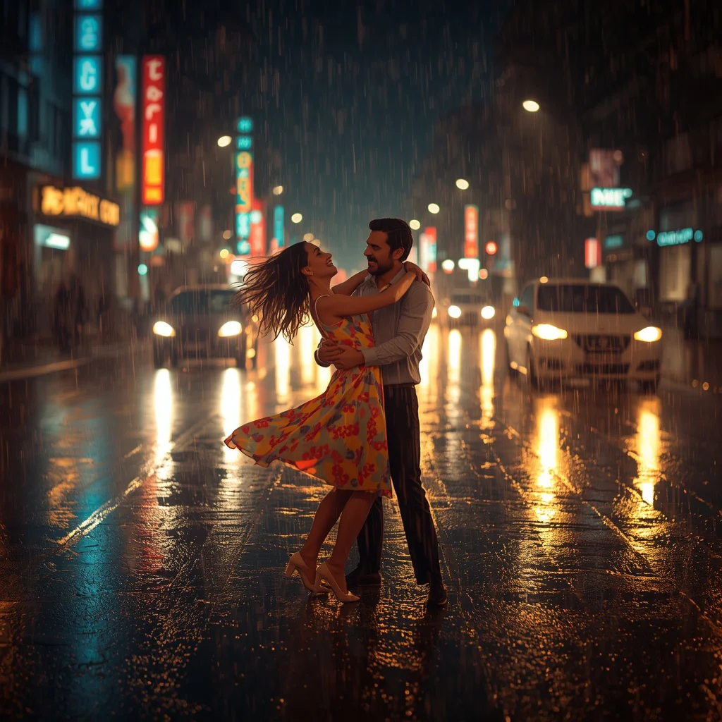 Couple Dancing in a Vibrant Rain-Kissed Street at Night — AI image prompt