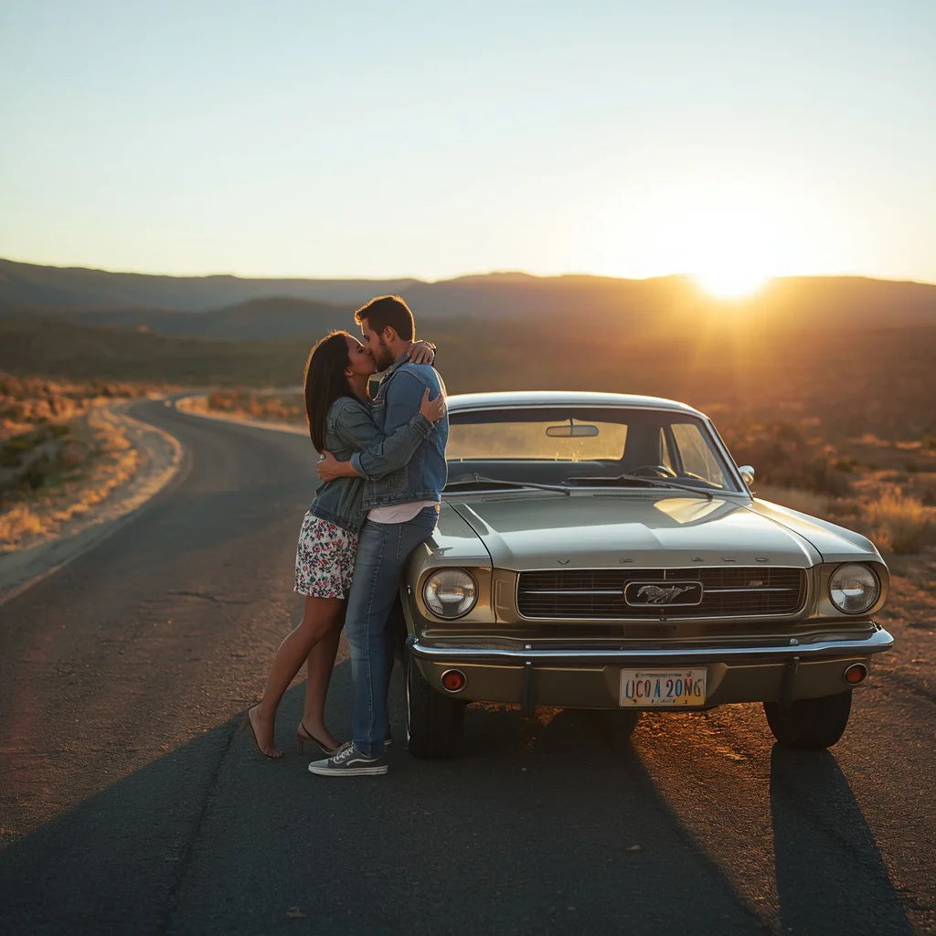 Couple on a Road Trip Embracing by a Vintage Car — AI image prompt