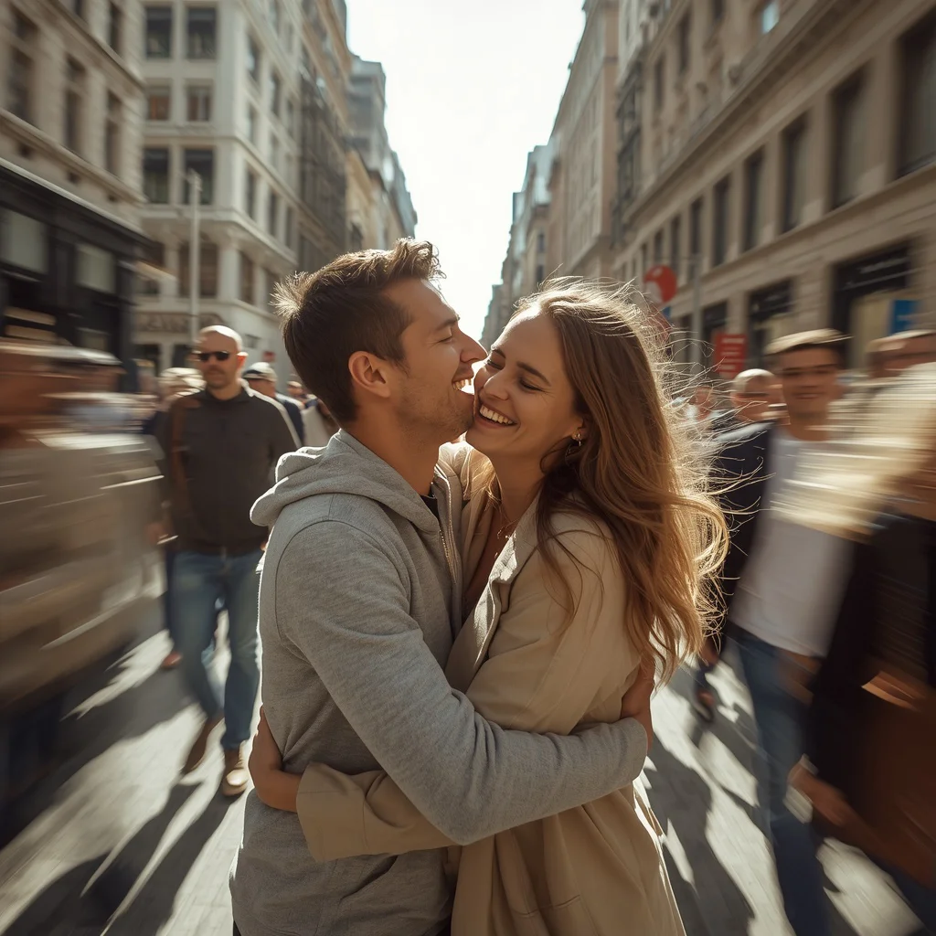 Couple Sharing a Joyful Hug on a Lively City Street — AI image prompt