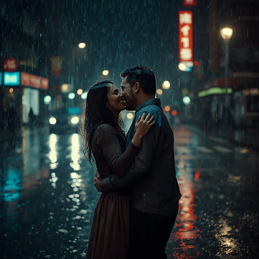 Couple Sharing a Joyful Kiss in a Rain-Soaked Street — AI image prompt