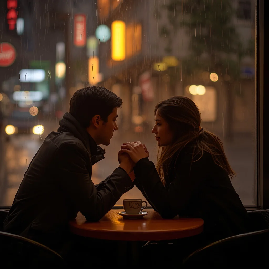 Couple Sharing a Quiet Coffee in a Rainy City Cafe — AI image prompt