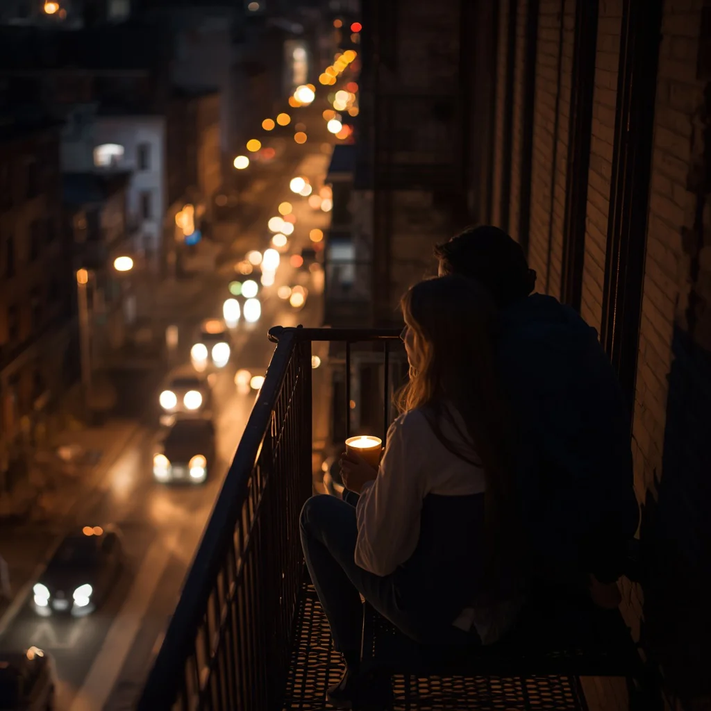 Couple Sharing a Quiet Evening on a Fire Escape — AI image prompt