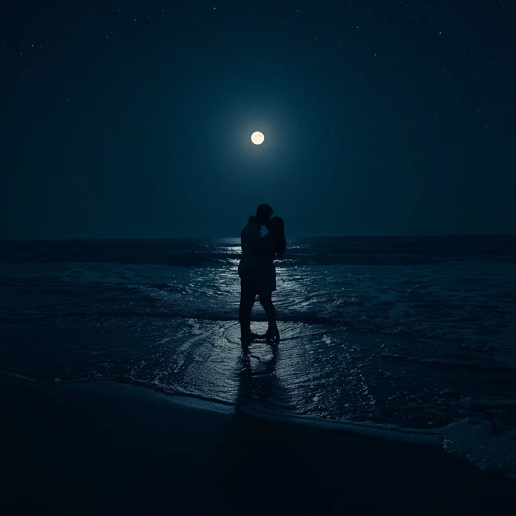 Couple Sharing a Quiet Kiss by a Moonlit Ocean — AI image prompt