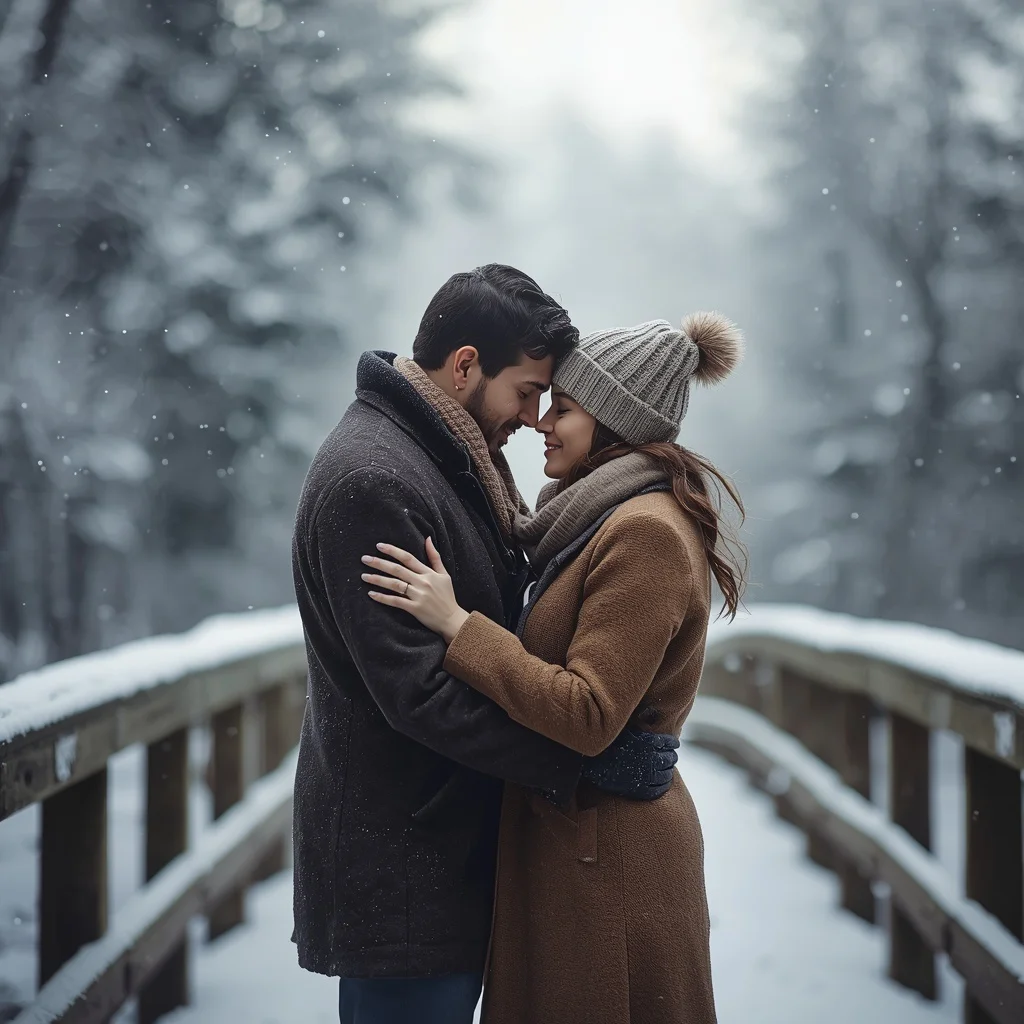 Couple Sharing a Tender Moment on a Snowy Bridge — AI image prompt