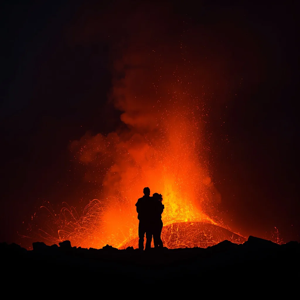 Couple Silhouetted by a Fiery Volcanic Eruption — AI image prompt