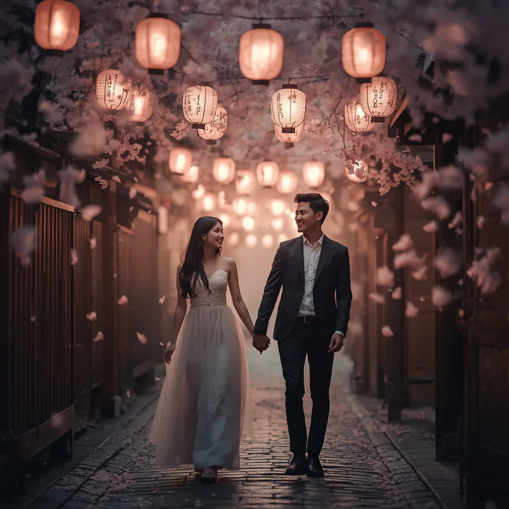 Couple Walking Through a Lantern-Lit Cherry Blossom Alley — AI image prompt