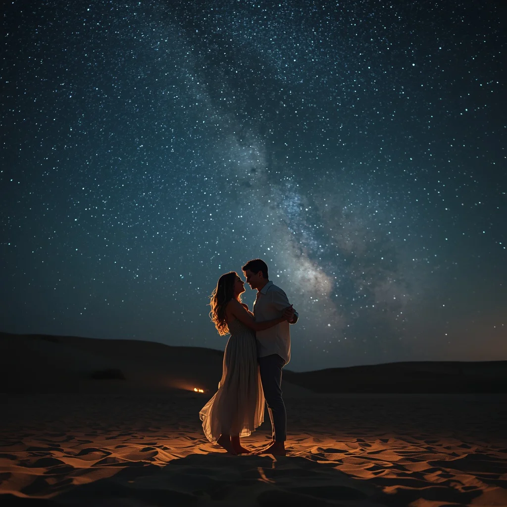 Couple's Intimate Dance Under a Starry Desert Night Sky — AI image prompt