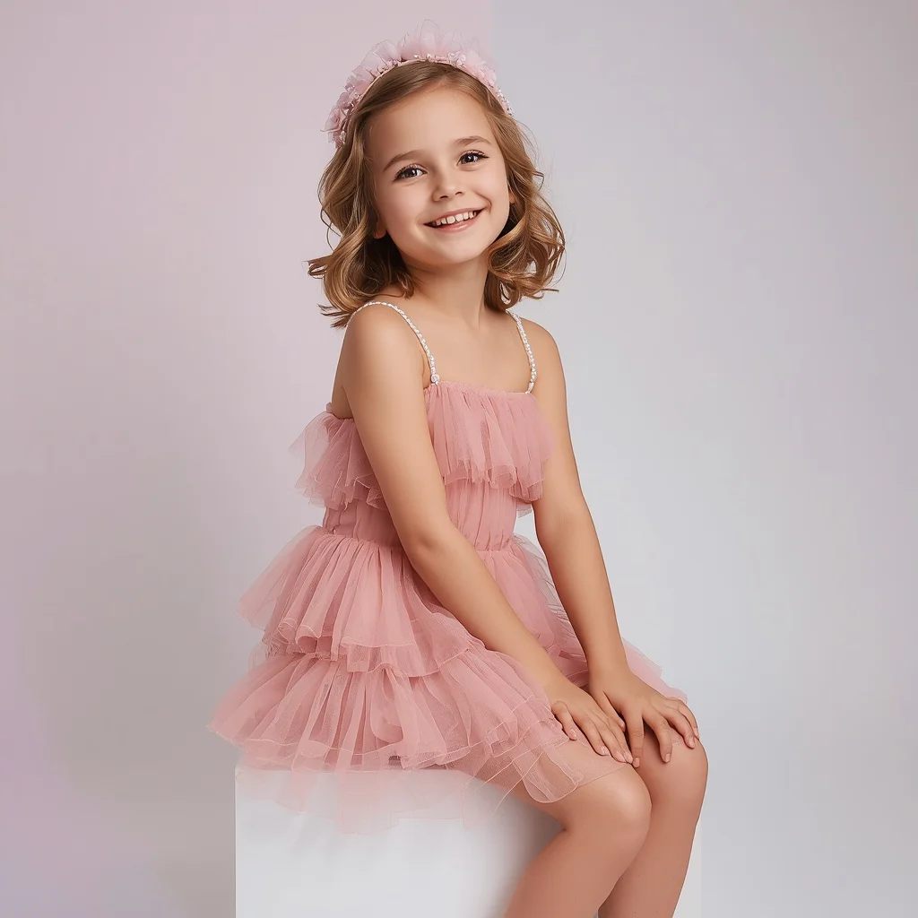 Cute Girl Wearing Rose Pink Tulle Dress — AI image prompt