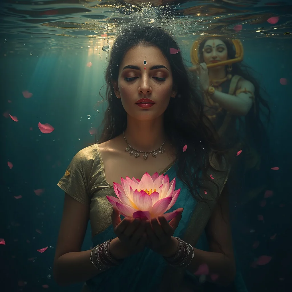 Divine Underwater Portrait: Serene Self with Lotus and Lord Krishna — AI image prompt