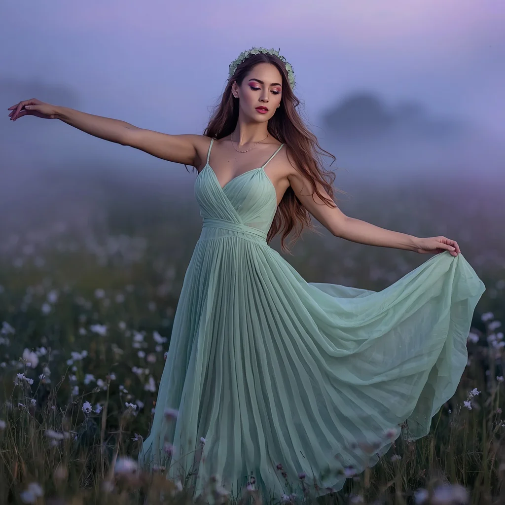 Dreamy and Ethereal in a Mint Green Chiffon Gown — AI image prompt