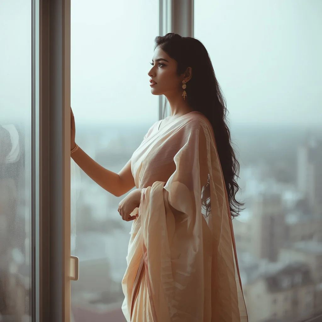 Dreamy Indian Woman Gazing Through Window in a Soft Pastel Saree — AI image prompt
