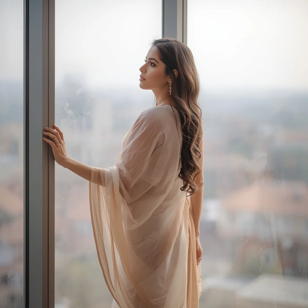 Dreamy Indian Woman Gazing Through Window in a Soft Pastel Saree — AI image prompt