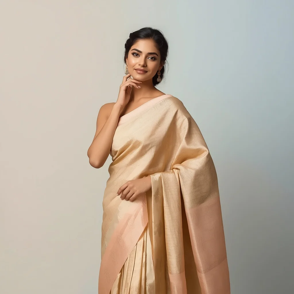 Elegant Indian Woman with Delicate Gesture in a Luxurious Pastel Saree — AI image prompt