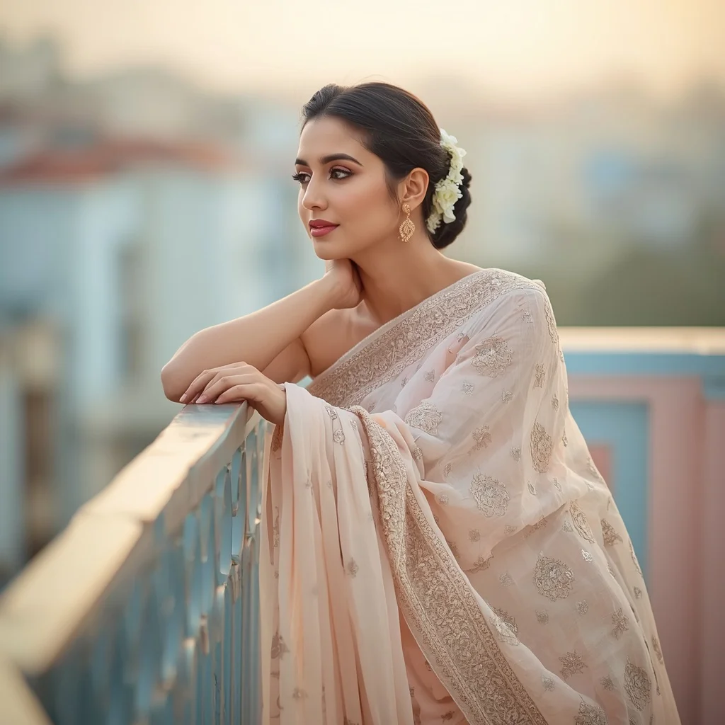 Elegantly Leaning Indian Woman on a Pastel Balcony with Intricate Saree — AI image prompt
