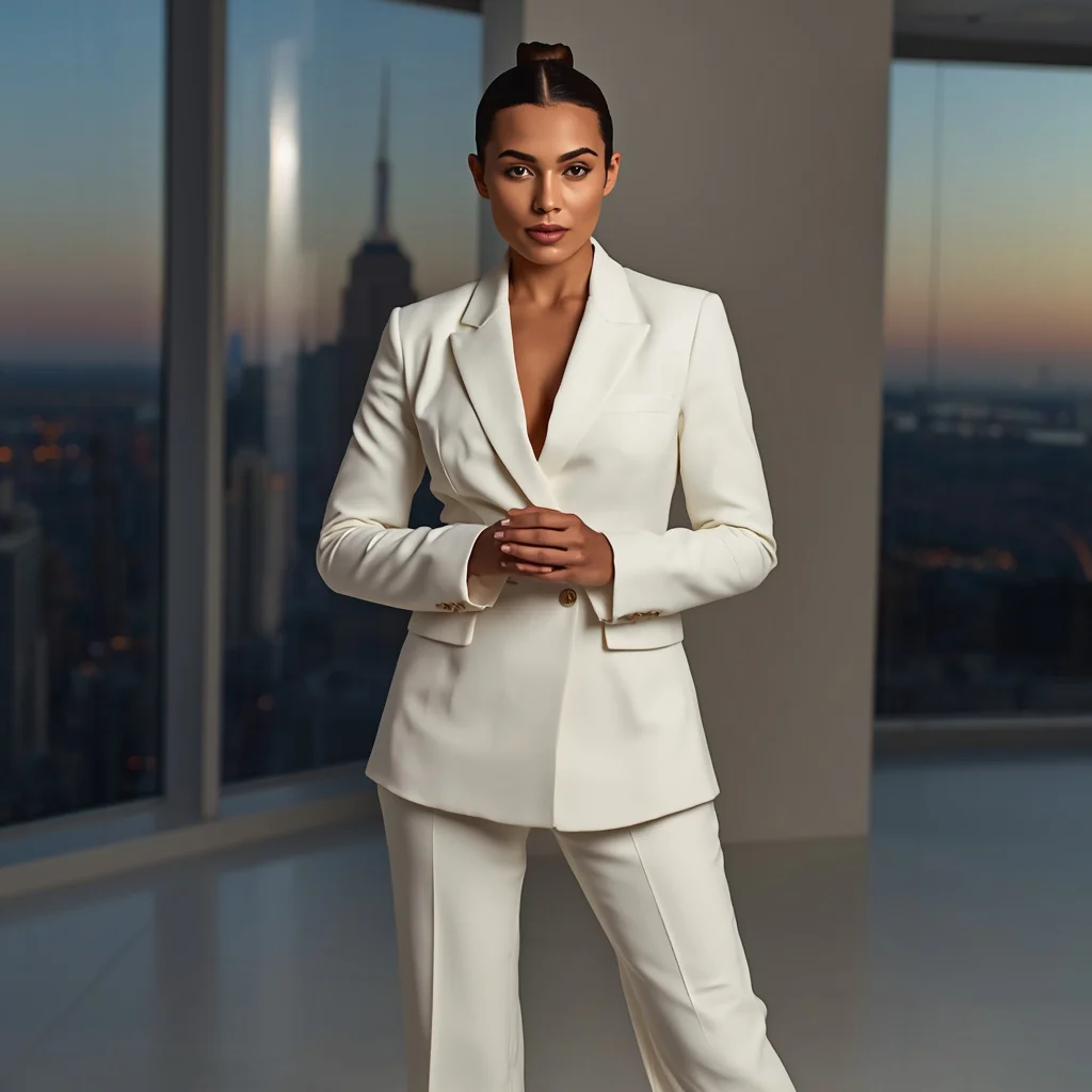 Empowered Professional in a White Pantsuit Ensemble — AI image prompt